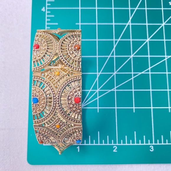 Rangoli Inspired Stretch Bracelet Gold Tone Open Work Central Tiny Beads - Picture 7 of 7